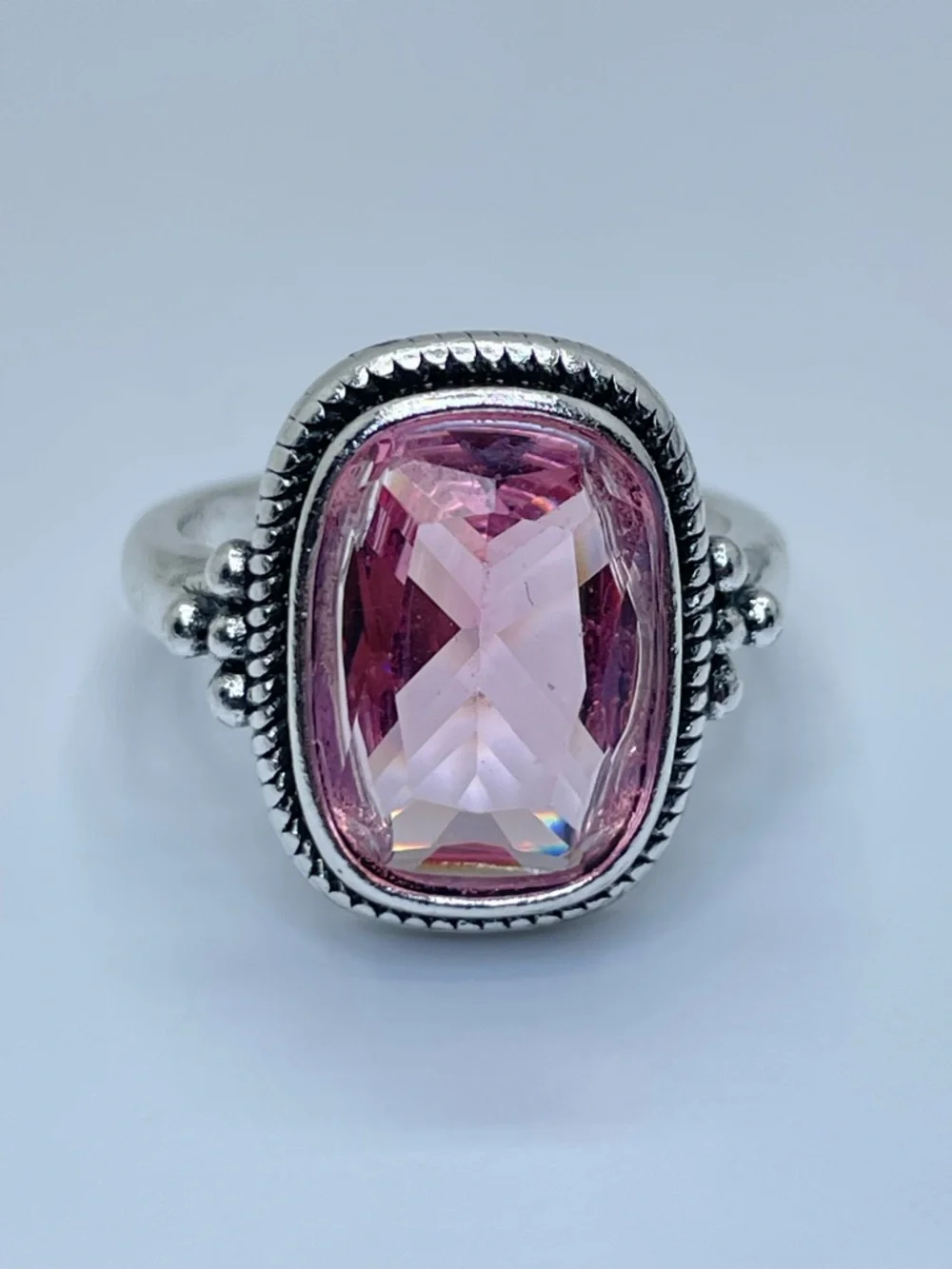 Vintage Style Pink Faceted Statement Ring Silver Bold Designer Style
